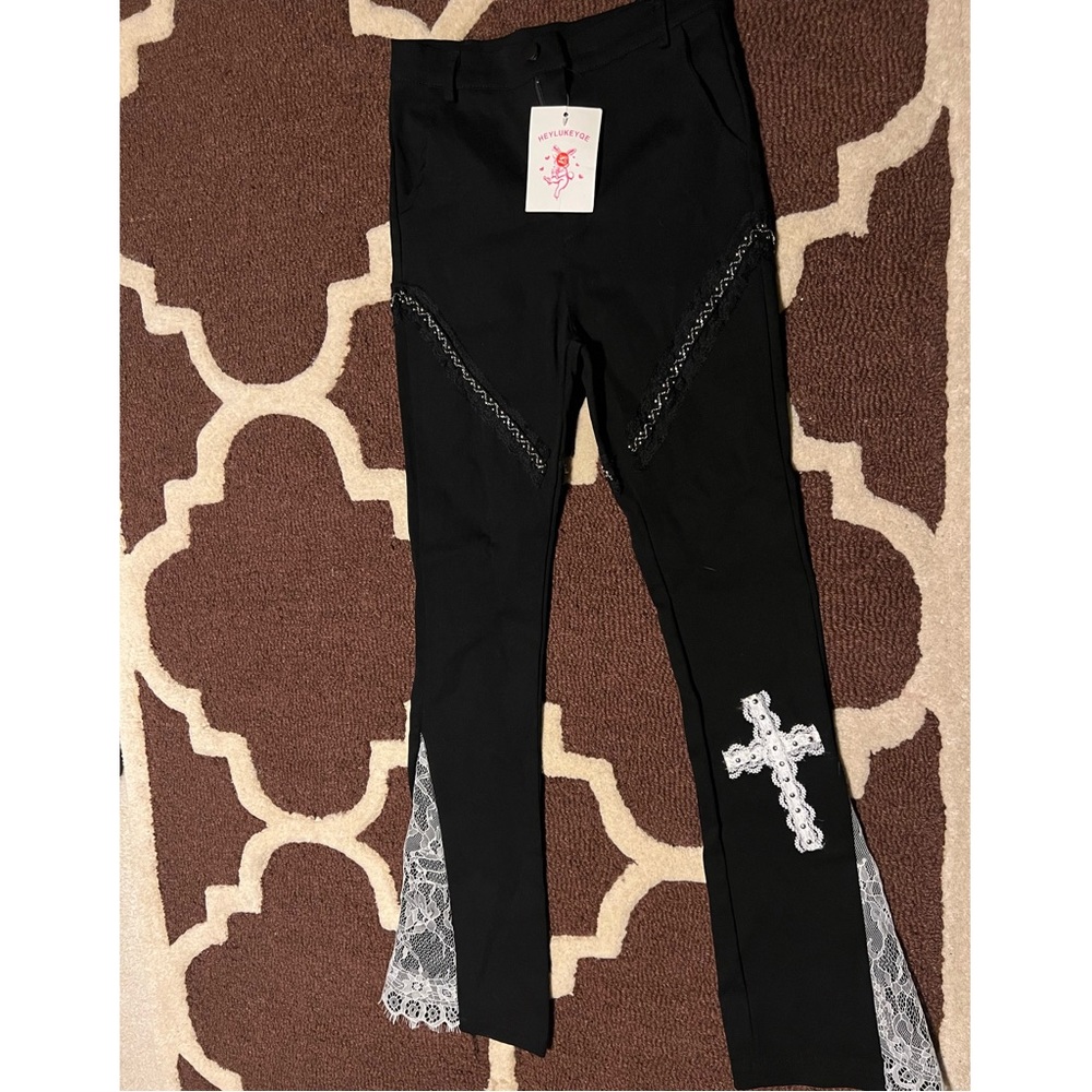 black small fit stretch lace trim pants